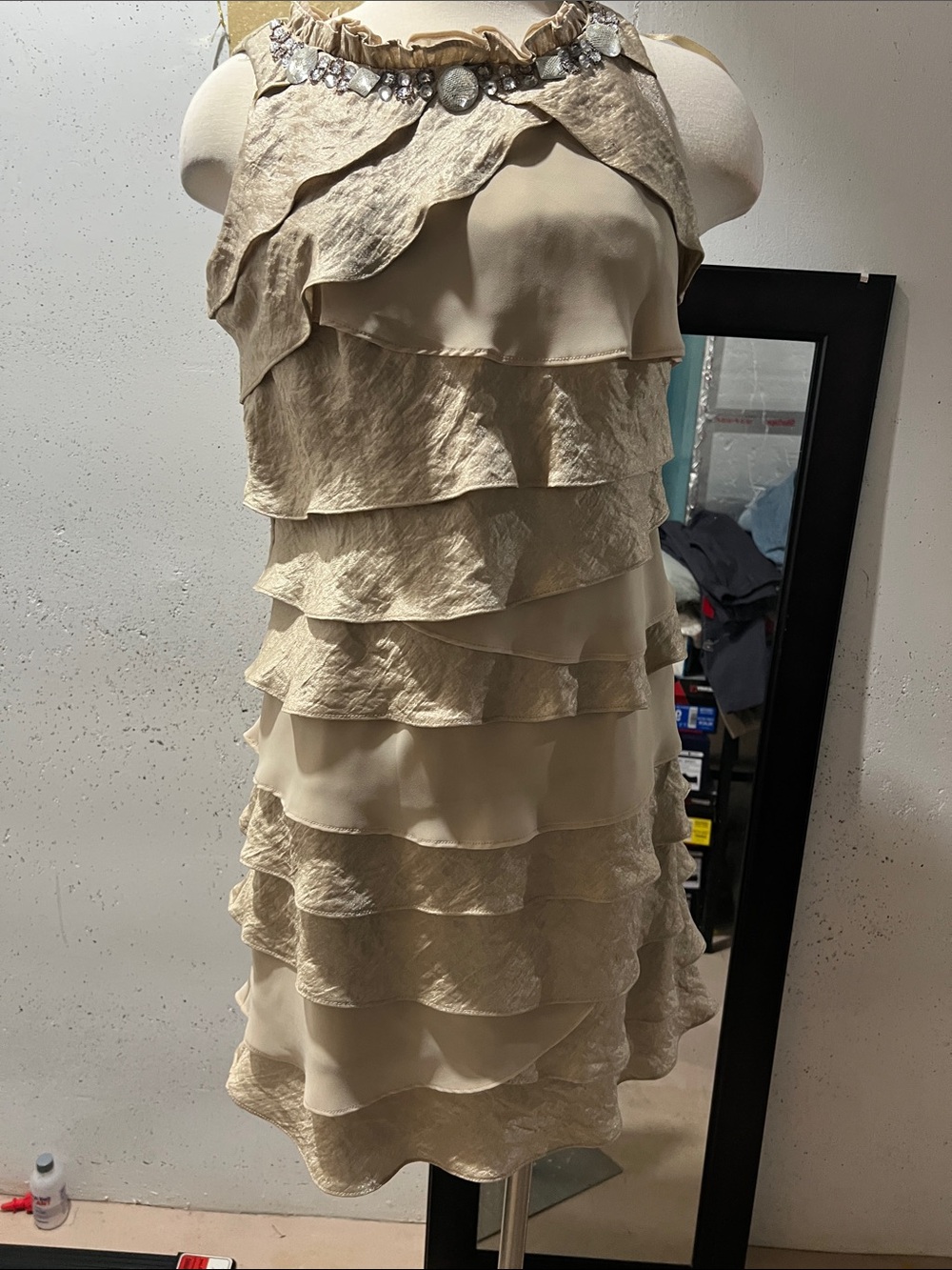 SL Fashions Beige Tiered Ruffle Mini Dress with Beaded Neckline
